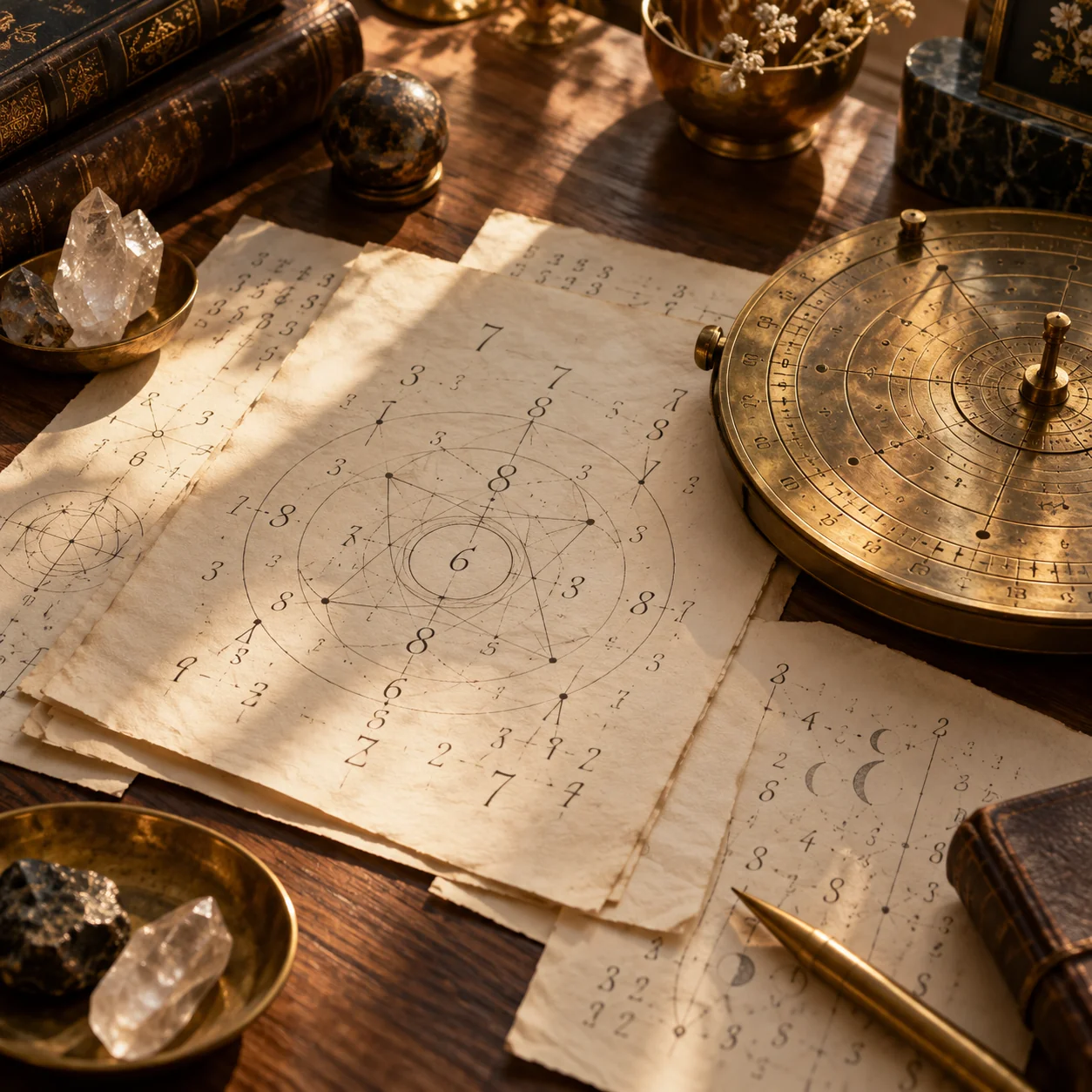 Illustrative still life of handwritten numbers and a brass instrument