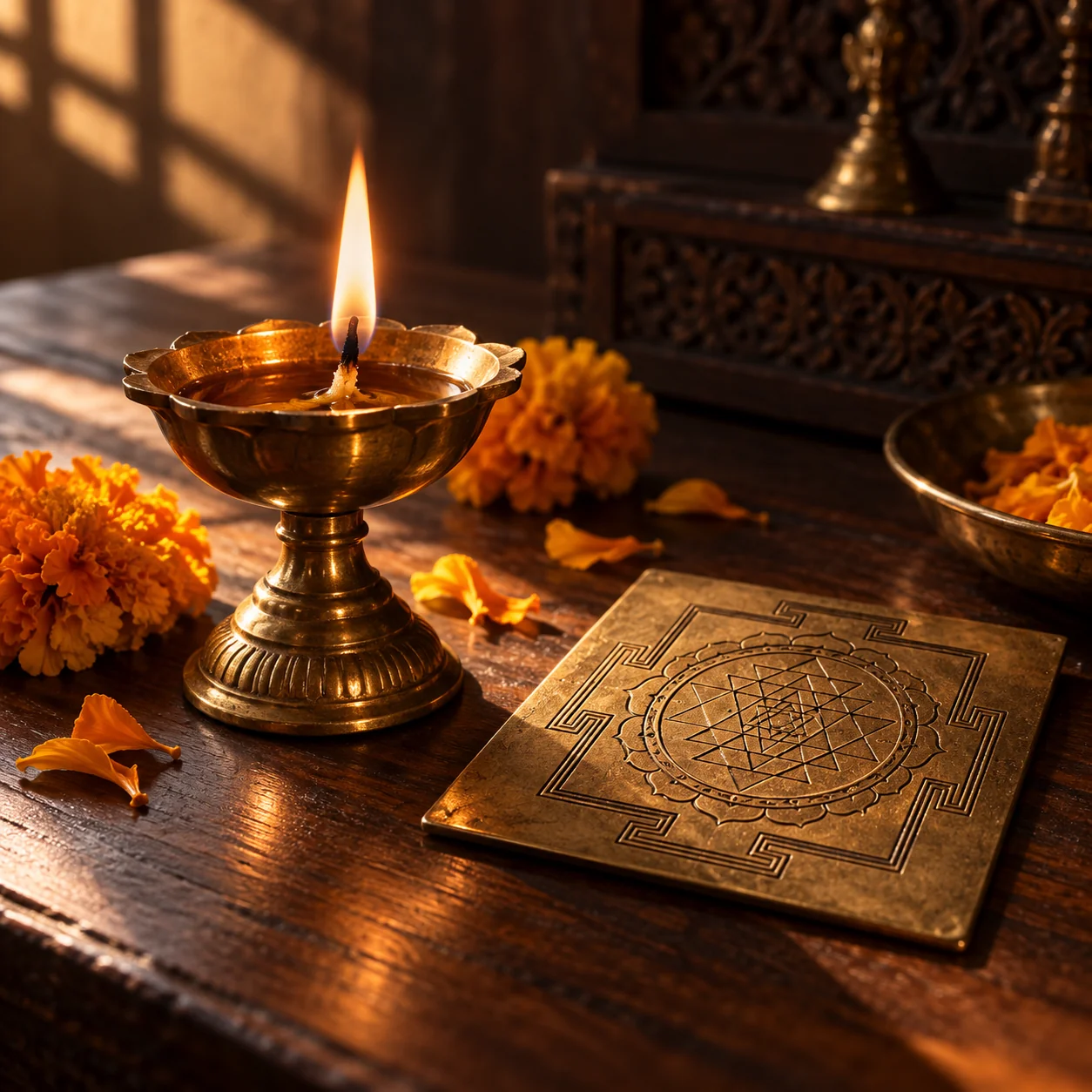 Illustrative diya lamp and traditional yantra plate